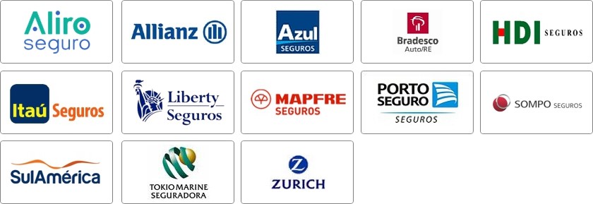ALIRO, ALLIANZ, AZUL, BRADESCO, HDI, ITAU, LIBERTY, MAPFRE, PORTO SEGURO, SOMPO, SULAMERICA, TOKIO MARINE, ZURICH, 